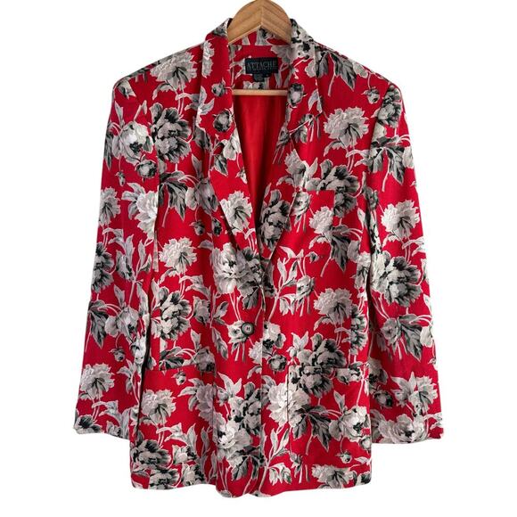 Vintage 80s Attaché by Herman Geist Linen Red Floral Blazer‎ Jacket, Size 8 - Picture 1 of 13